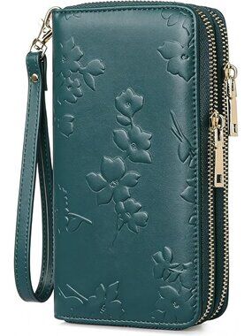 RFID Blocking Vegan Leather Large Capacity Double Zip Wristlet Clutch Wallet